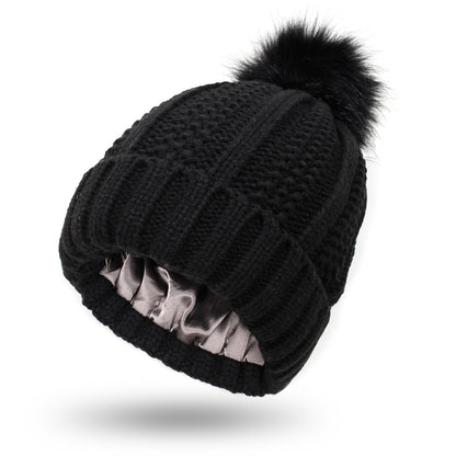 Winter Knitted Hats Fashion Stretchy Lined Skull Hats For Women Faux Fur Pom Pom Hat Keep Warming Beanie Hat